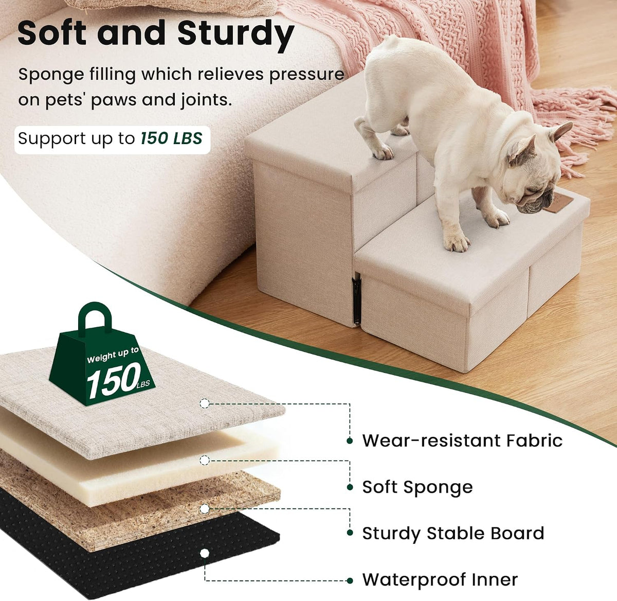 Love's cabin Dog Stairs for High Bed, Foldable Pet Stairs for Small Medium or Large Dogs Puppy with Storage for Bed or Couch, Cat Dog Steps Ramp with Zip up to 200 lbs, Beige, 2 Steps