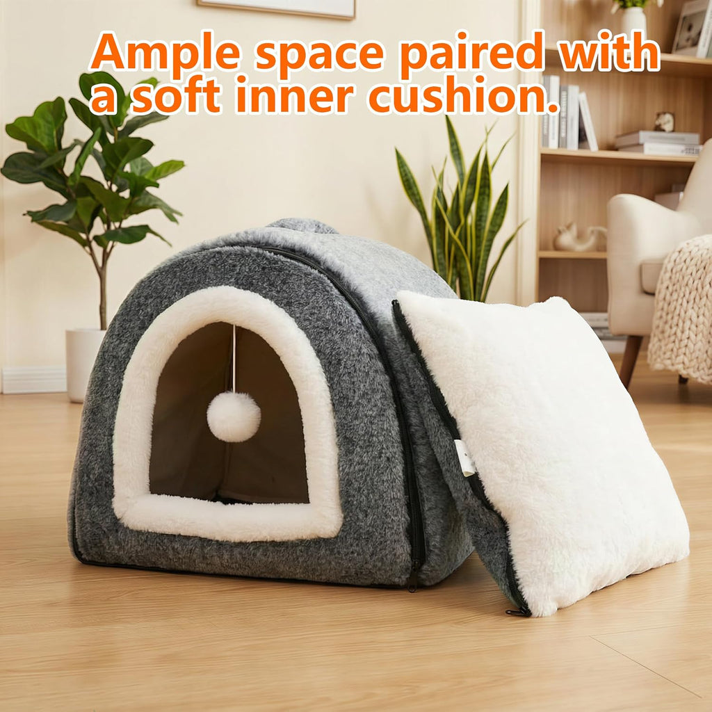 Cat Bed for Indoor Cats，Foldable cat cave，Anti-Slip & Water-Resistant Bottom，cat Houses for Indoor Cats or Small Dogs, Kitten Tent, Rabbit Bed (Dark Grey-2, L:(17.5"×16.9"×15.9"))