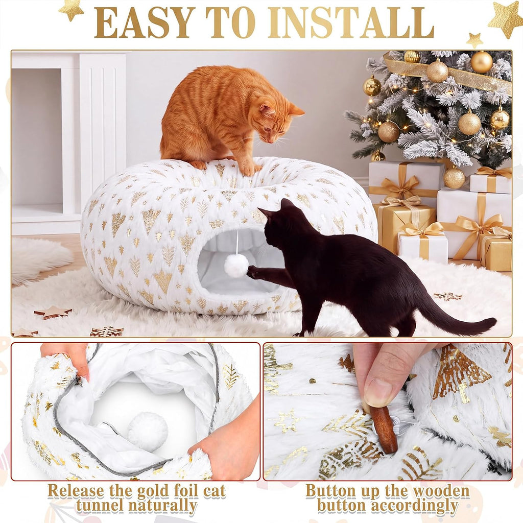 Christmas Tree Cat Tunnel 36 in Donut Bed, White, Polyester, Gold Foiling