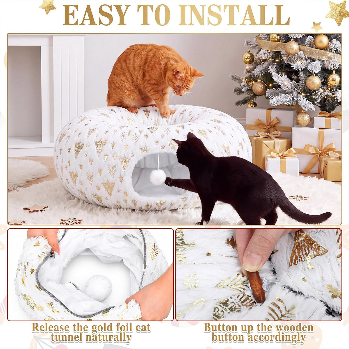 Christmas Tree Cat Tunnel 36 in Donut Bed, White, Polyester, Gold Foiling