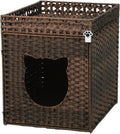 Handwoven Rattan Cat Litter Box Enclosure for Large Litter Boxes, Hidden Cat House Furniture with Fitted Litter Mat and 2 S-Hooks, 24.5" D x 19" W x 24" H, Brown