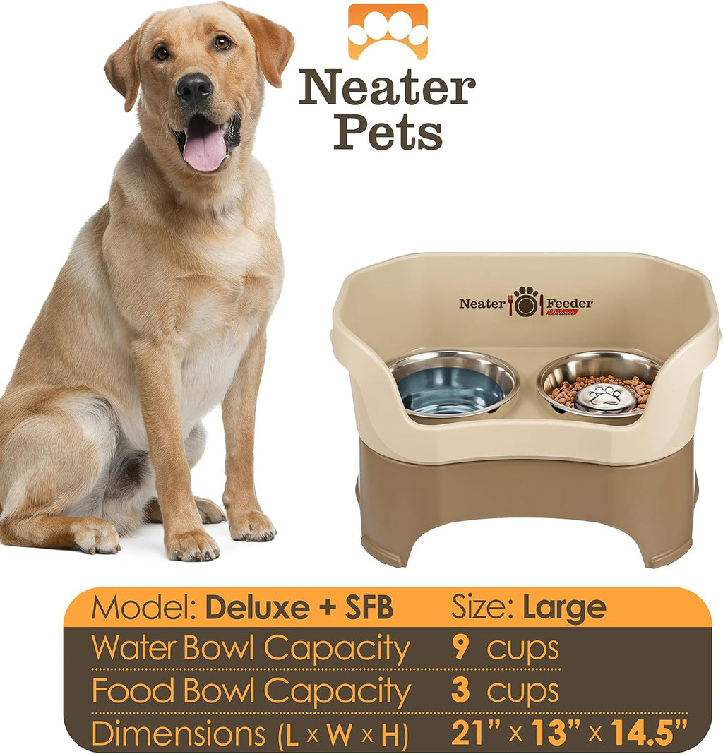 Neater Feeder Deluxe Mess Proof Dog Bowls Elevated for Large Breeds – Made in USA – No Spill Raised Slow Feeder Elevated Dog Bowl Stand, Stainless Steel Food and Water Bowl Set, Cappuccino 