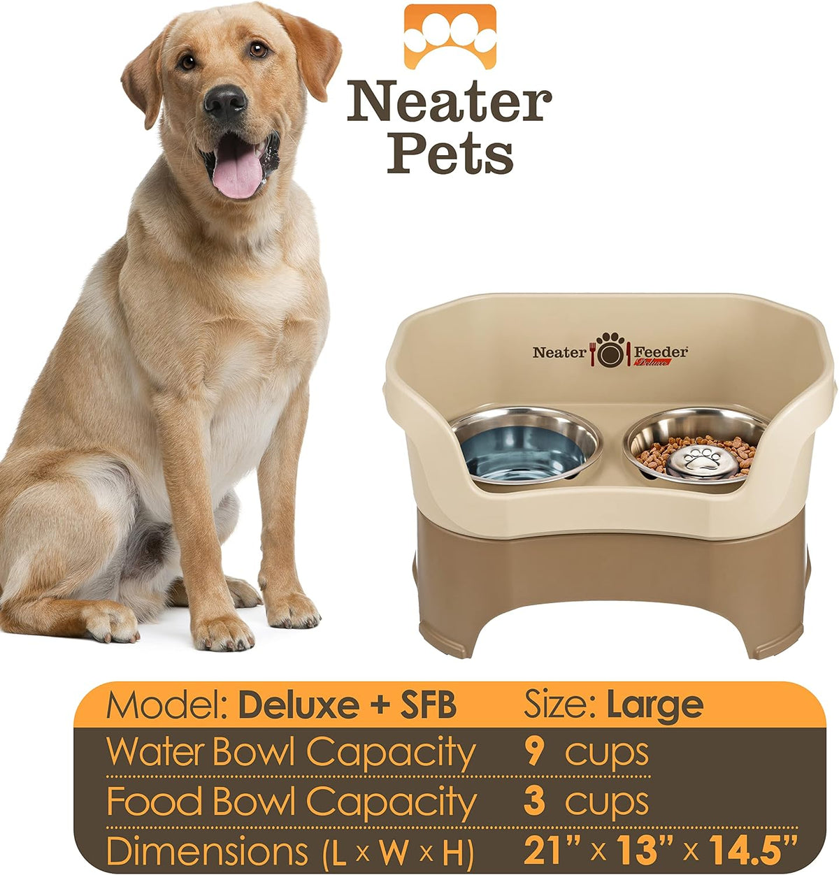 Neater Feeder Deluxe Mess Proof Dog Bowls Elevated for Large Breeds – Made in USA – No Spill Raised Slow Feeder Elevated Dog Bowl Stand, Stainless Steel Food and Water Bowl Set, Cappuccino 