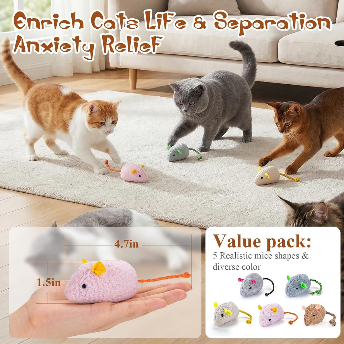 NAHSHON 15PCS Cat Mouse Toys Prefilled Catnip