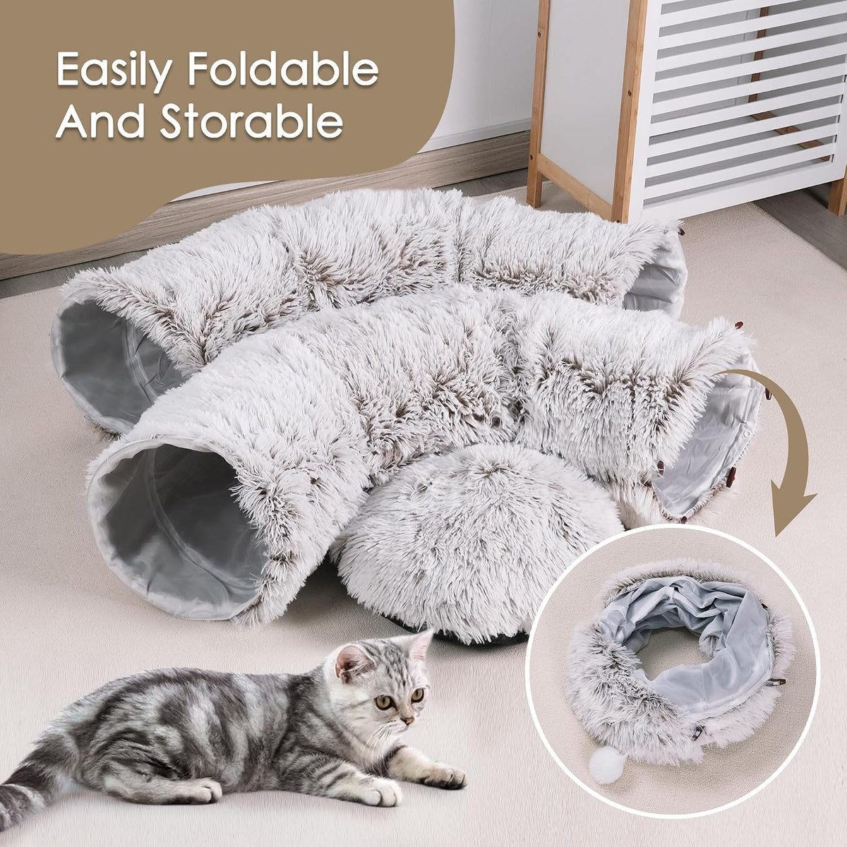 Peekaboo Cat Cave with Washable Mat, Collapsible Cat Play Tunnel for Kittens & Small Pets, Plush Cat Donut Bed Tunnel, Brown