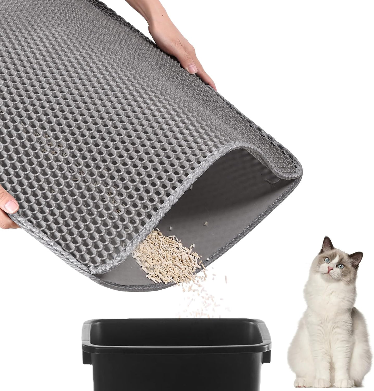 Cat Litter Mat - Extra Large Cat Litter Mat Litter Trapping Mat 46"x26"-Honeycomb Double Layer Design,Urine and Water Proof Material,No Slip& No Phthalate,Washable Easy Clean（Grey）