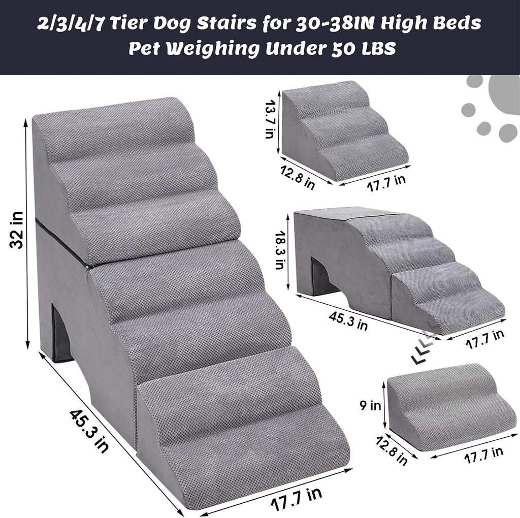 7-Step 35D Foam Dog Stair for High Beds 32 inches Tall, Grey