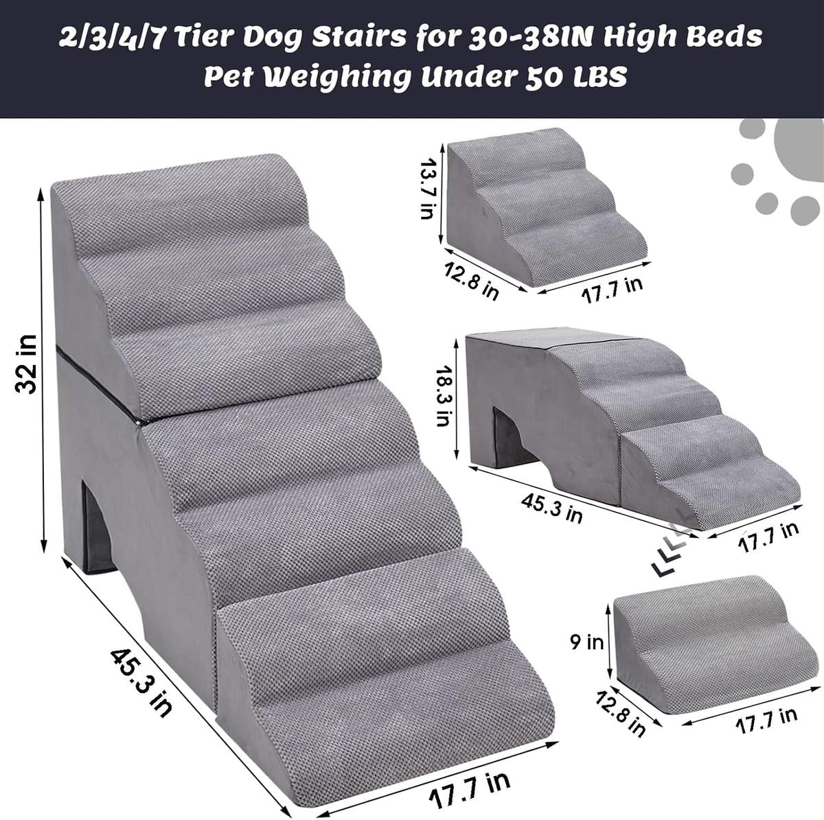 7-Step 35D Foam Dog Stair for High Beds 32 inches Tall, Grey