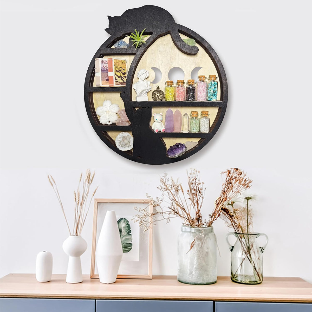 Cat on The Moon Crystal Display Shelf, Cat Decor for Home Floating Shelve