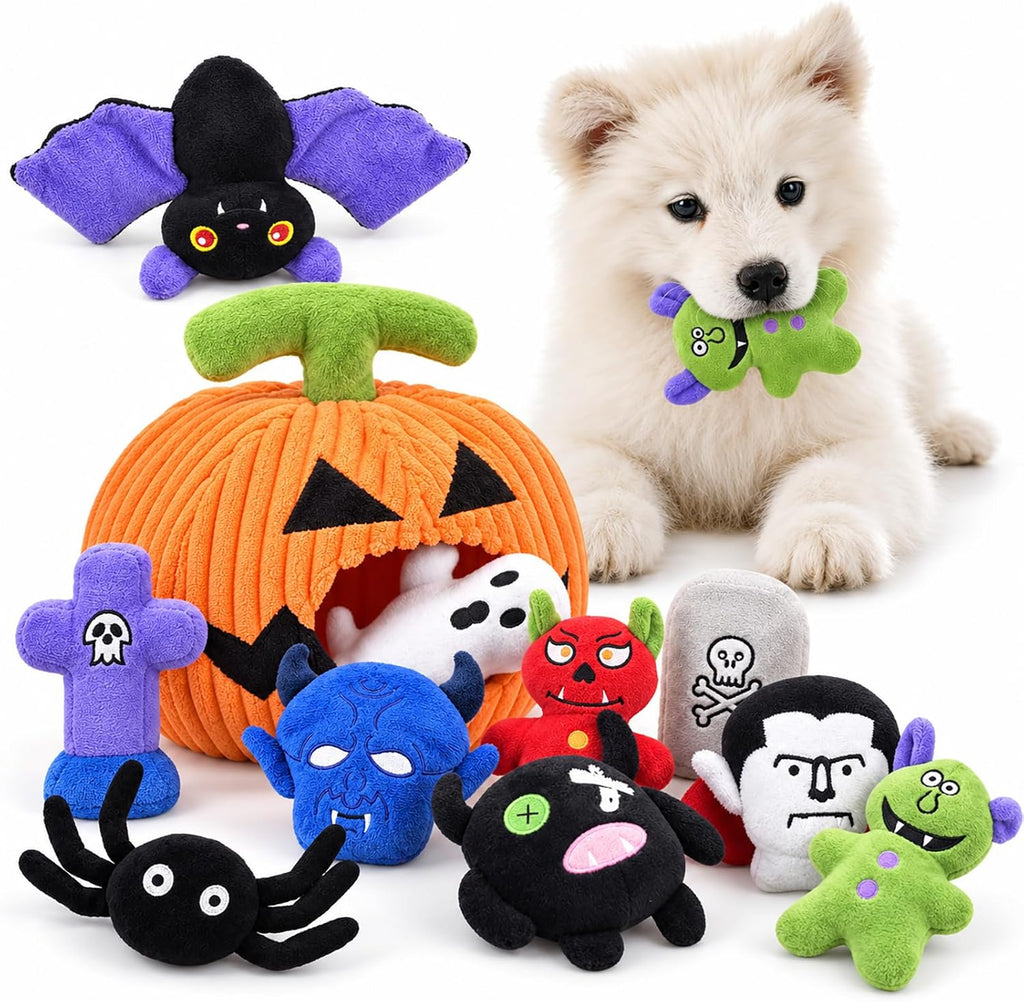 LECHONG Halloween Dog Toys Set, 11 Pack Squeaky Dog Toys for Aggressive Chewers, Pumpkin Assorted Puppy Toys to Keep Them Busy, Toys Gift for Large Medium Small Dogs