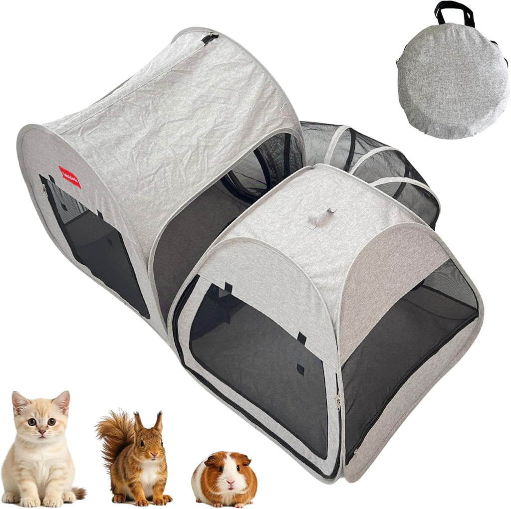 Portable 3-in-1 Cat Playpen, Outdoor Pop-up 2-Room Pet Playpen with Tunnel, Foldable Cat Dog Crate Play Enclosure with Separate Areas for Puppy Kitten and Small Animals Indoor Travel