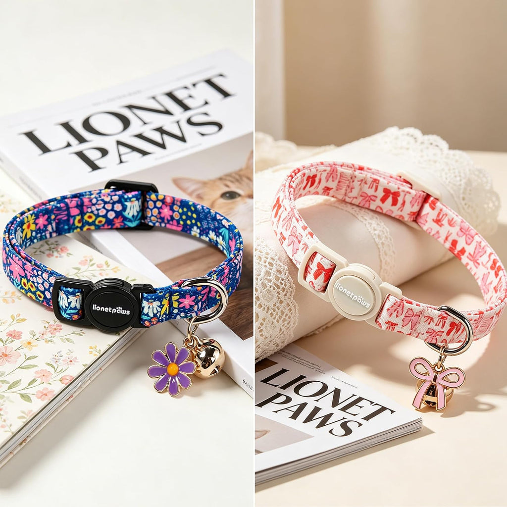 LIONET PAWS 2 Pack Breakaway Girl Cat Collars, Cute Soft Cotton Blue Floral & Pink White Bow Kitten Collars with Bell for Girly Female Cats