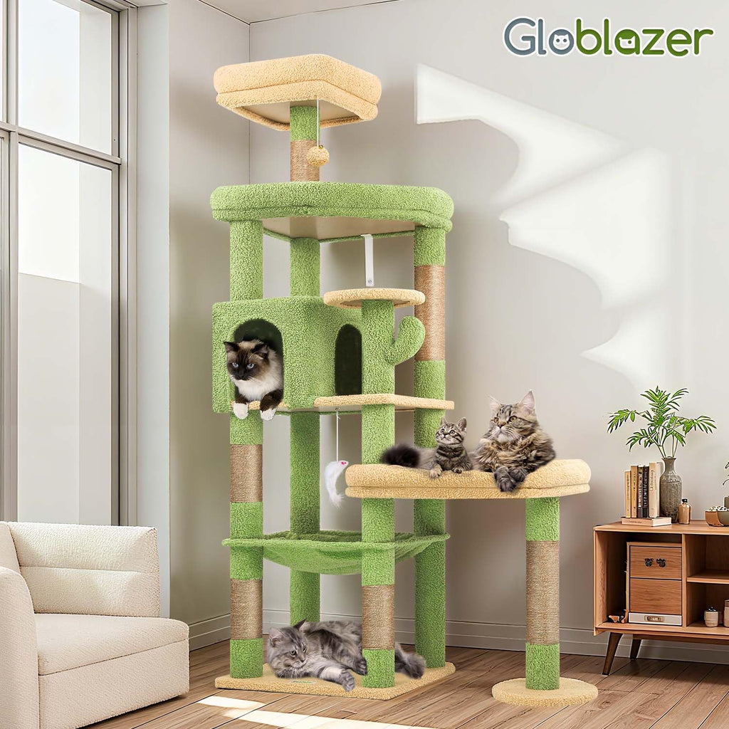 Globlazer 65in Cactus Sturdy Cat Tower for Indoor Large Cats, S65, Green