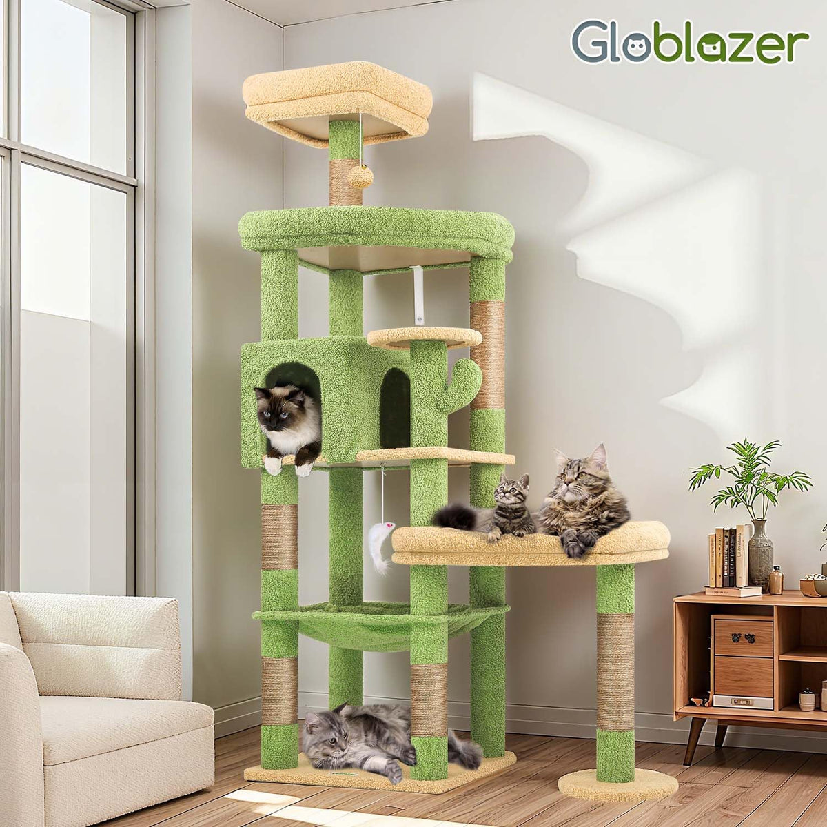 Globlazer 65in Cactus Sturdy Cat Tower for Indoor Large Cats, S65, Green
