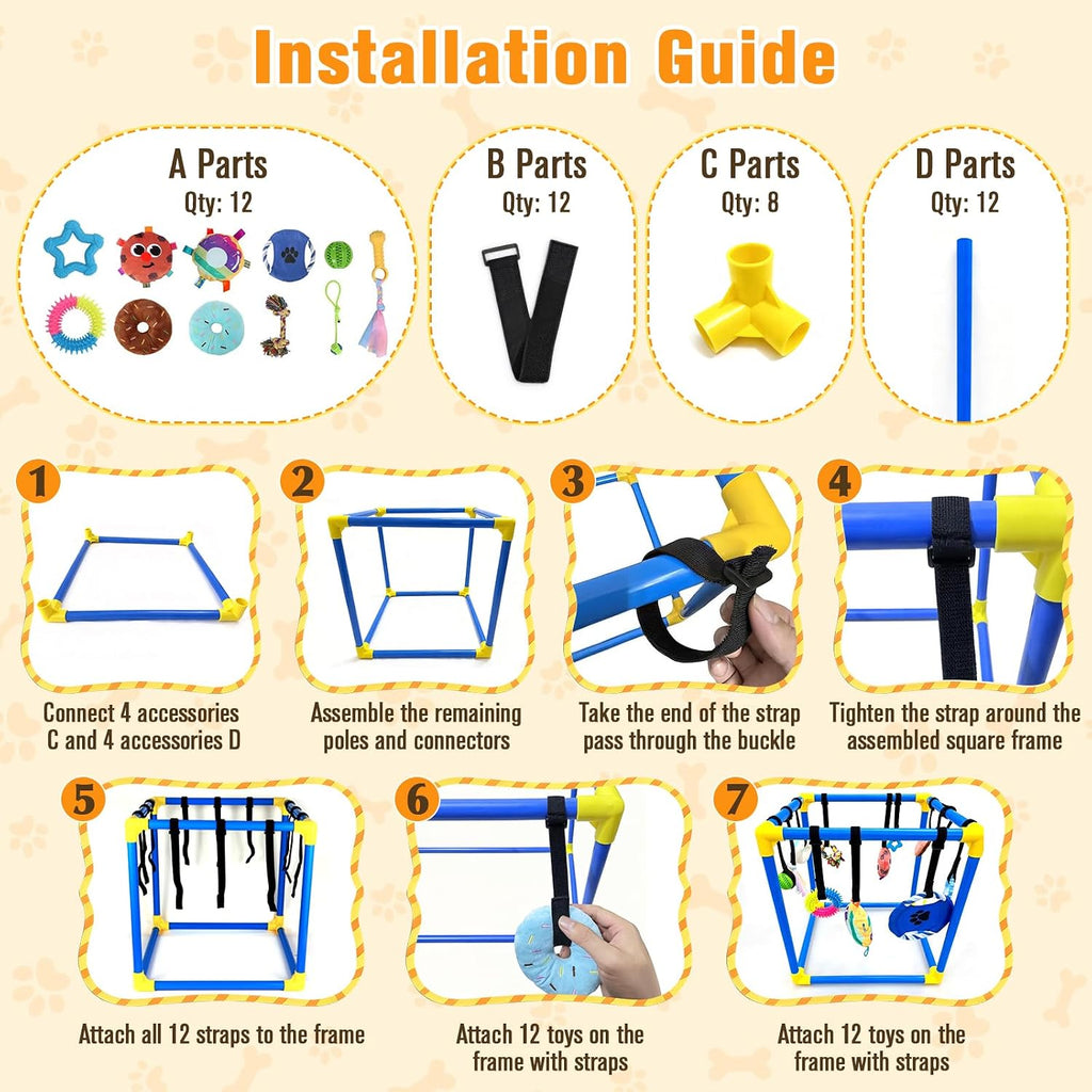 Puppy Play Gym with 12 Toys, Removable Dog Enrichment Playground, Interactive Indoor Training Activity Center for Small Dogs & Puppies, Teething & with Squeaky Toys, Fixable, 12 Toys