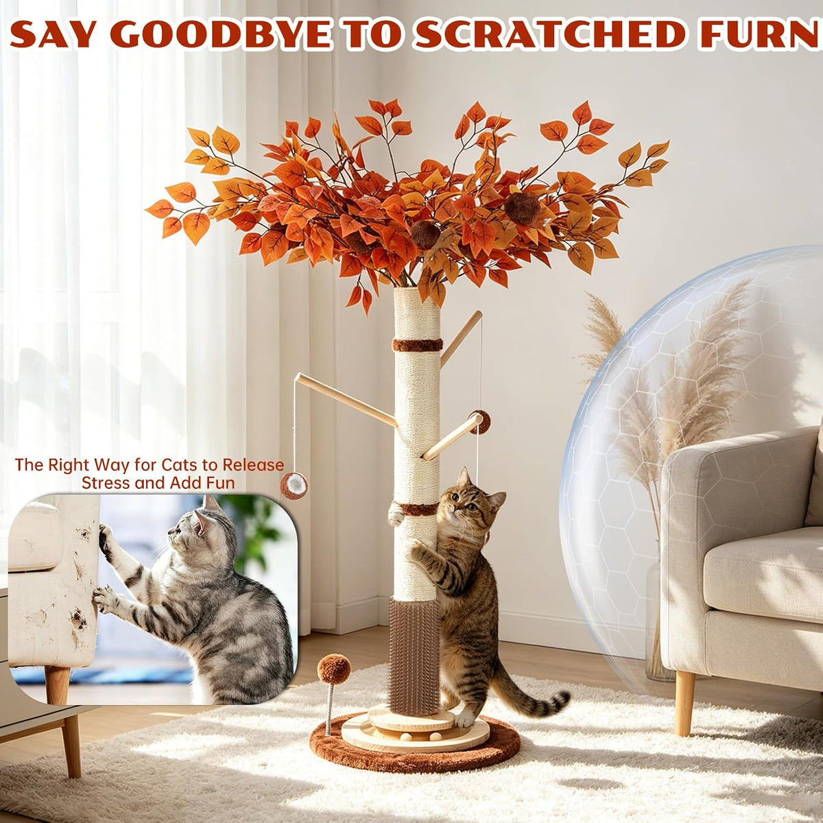 Cat Scratching Post, 46" Tall Scratcher Post for Indoor Adult Cats