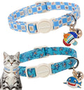 LIONET PAWS 2 Pack Breakaway Summer Cat Collars, Cute Soft Cotton Blue Shark Beach Themed Kitten Collars with Bell for Boy Girl Cats