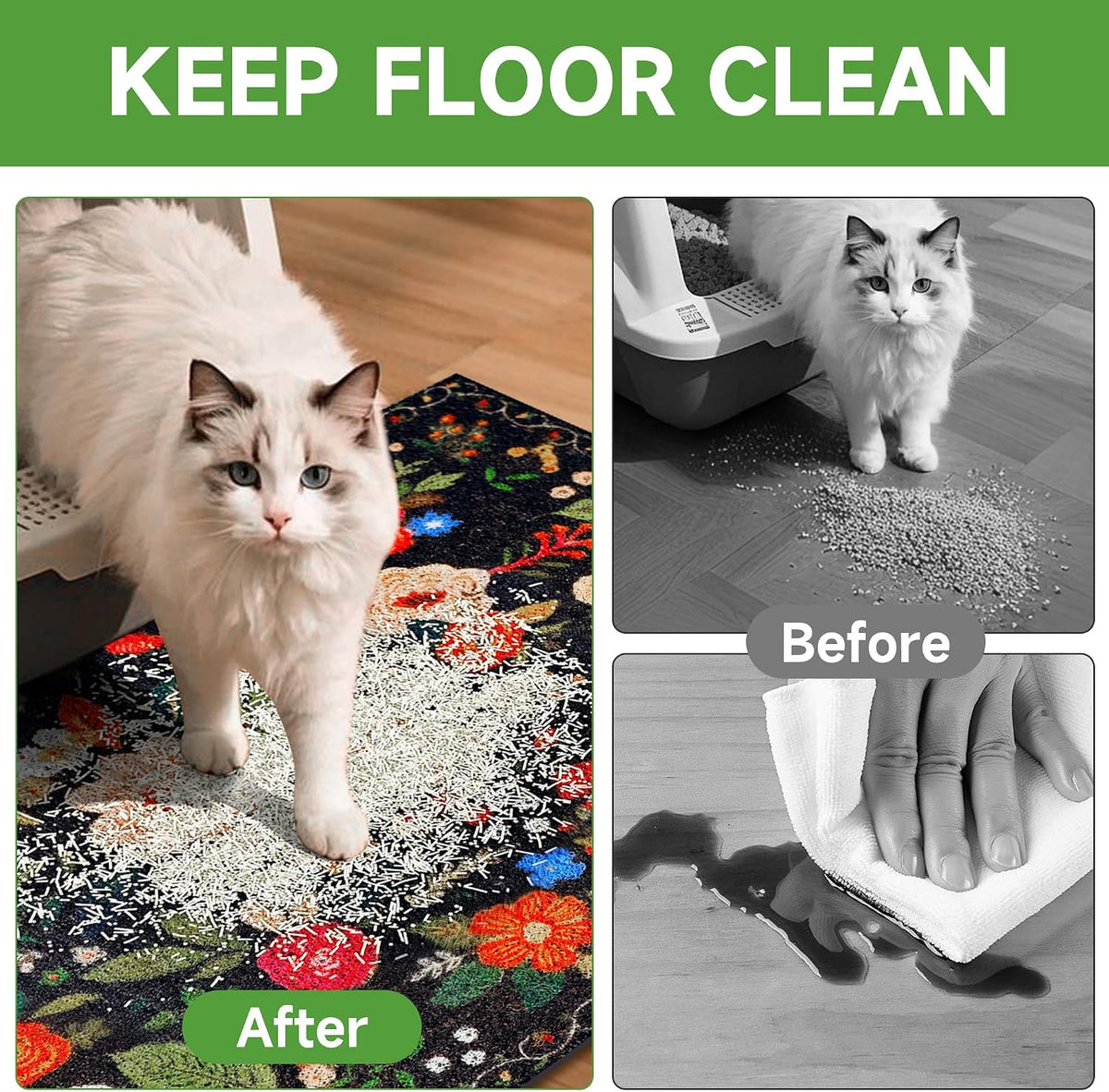 Cat Litter Mat, 24" x 16" Litter Box mat, Traps 100% Litter, Non-Slip Kitty Litter Trapping mats, Small Cute Litter mat, Easy Clean for Scatter Control, Bohe cat Food mat, Urine Waterproof | Traps 100% Litter, Cute litter mat for litter box, Soft on Ki...