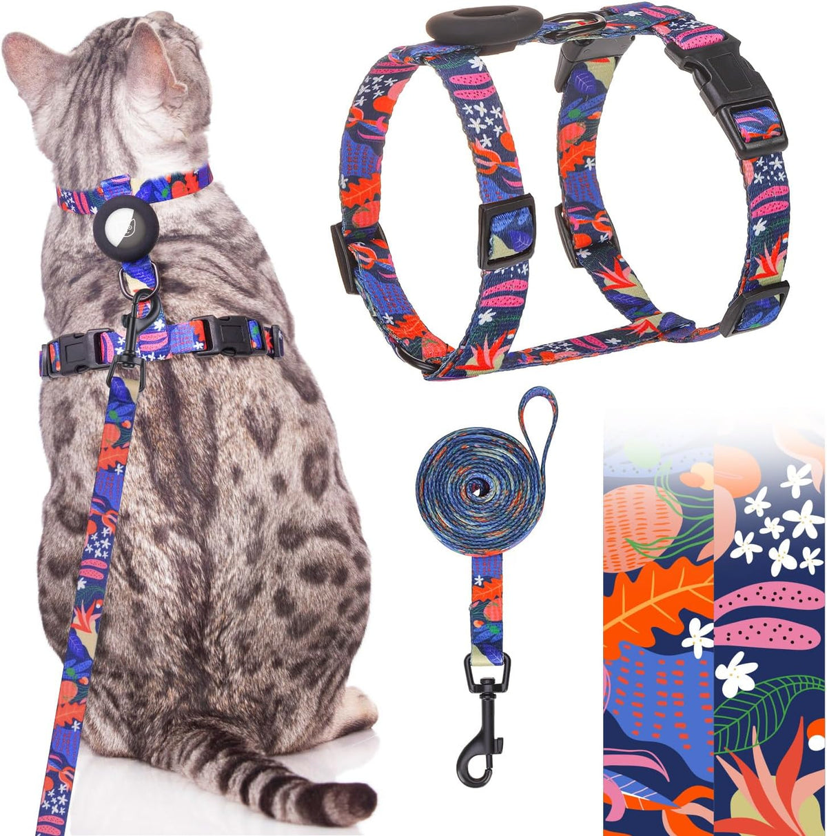 SCENEREAL Cat Harness and Leash Set Escape Proof with Airtag Holder, Reflective Pet Harnesses for Walking, Adjustable Kitty Vest Soft Harness Outdoor Indoor, Cute Travel Boys Girls Small Large Cats