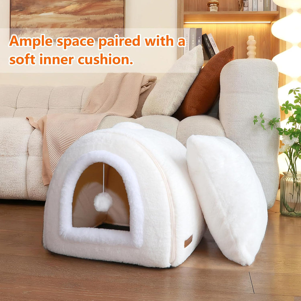 Cat Bed for Indoor Cats，Foldable cat cave，Anti-Slip & Water-Resistant Bottom，cat Houses for Indoor Cats or Small Dogs, Kitten Tent, Rabbit Bed (Cream, M:(15.7"×15.7"×14.1"))