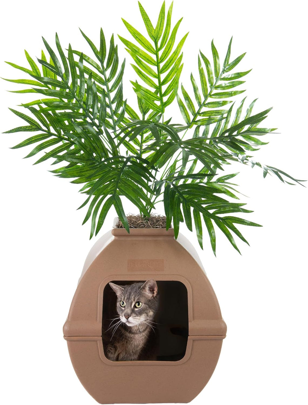Good Pet Stuff Courtyard Hidden Litter Box Planter, Decorative Cat Litter Enclosure with Carbon Filter, Artificial Palm Plant, Square Design, Easy To Clean, Base Kit, Mocha Brown