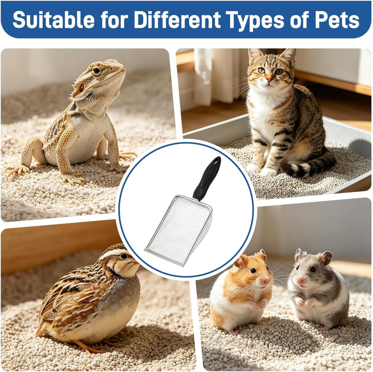 Stainless Steel Metal Cat Litter Scoop with 3.8mm Mesh, Sticky Hang Hook