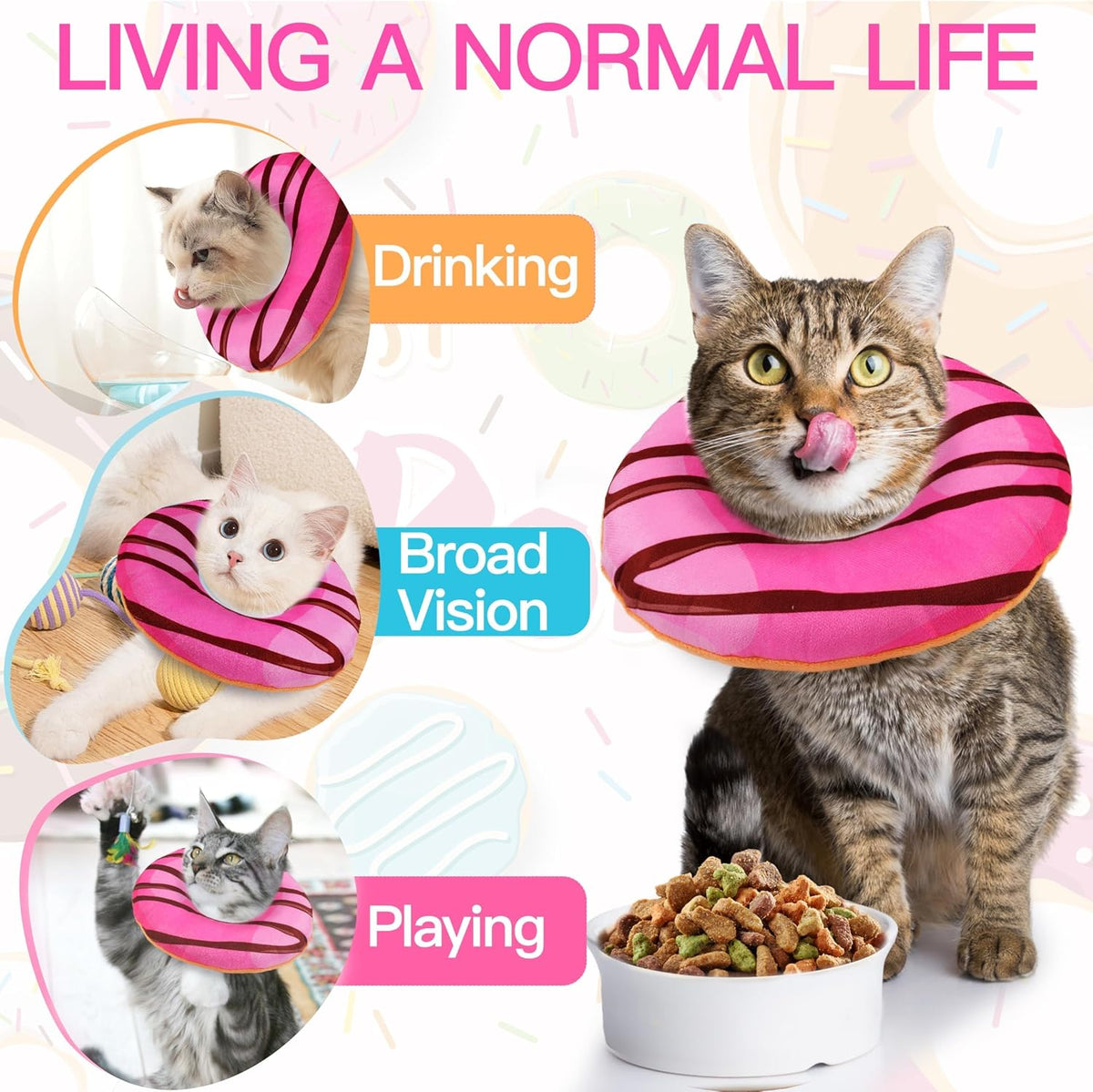 Cat Cone Collar Soft, Cute Cat Donut Collar After Surgery, Adjustable Kitten Recovery Cones to Stop Licking, Lightweight Neck Elizabethan Collars for Cats Kittens (Chocolate Pink, Small)