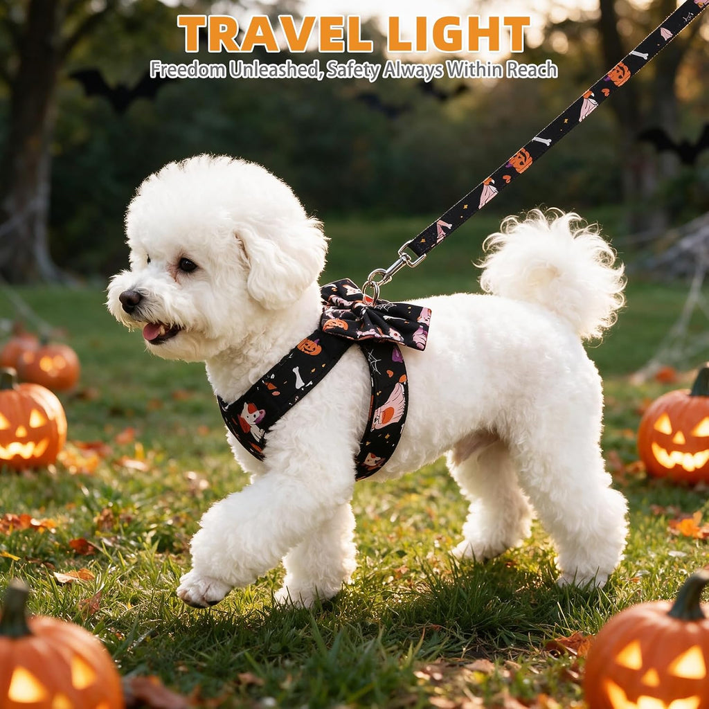 KOOLTAIL Halloween Dog Harness and Leash Set for Small Medium Sized Dogs Cats, Cute Puppy Vest Harnesses with Bowtie, Step in No Pull Soft Mesh Padded Adjustable Pet Harness Boys Girls, Pumpkin S