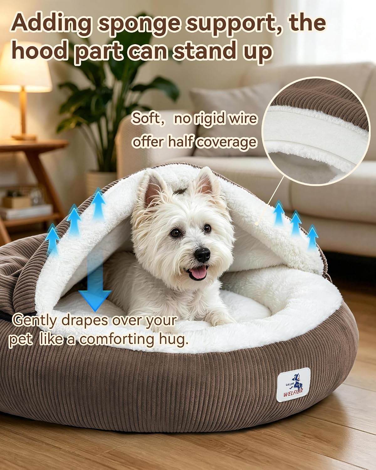 Calming Cozy Dog Cave Cover Bed, Burrow Small Doggy Anti Anxiety