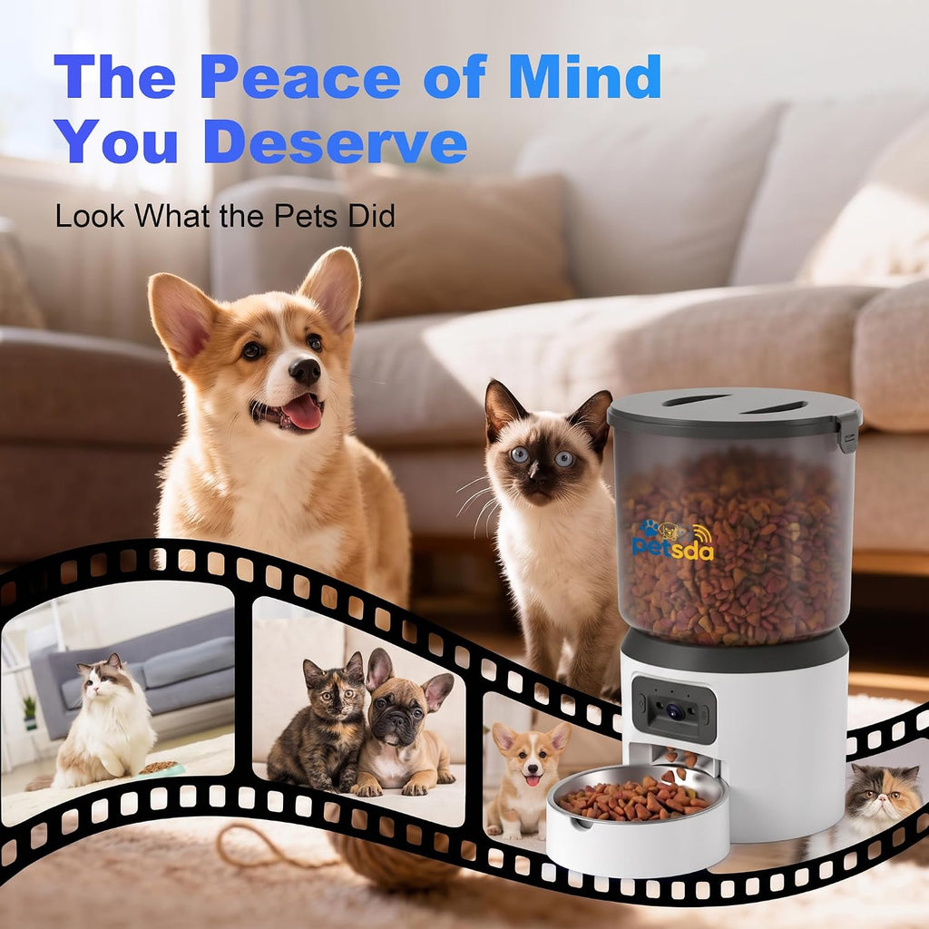 Automatic Cat Feeder with 2K Camera 5G WiFi 4L Timed Dry Food Dispenser APP Control, 15 Meals Programmable 1-20 Portion Per Day Dual Power Supply with Stainless Bowl for Multiple Pet Easy Clean