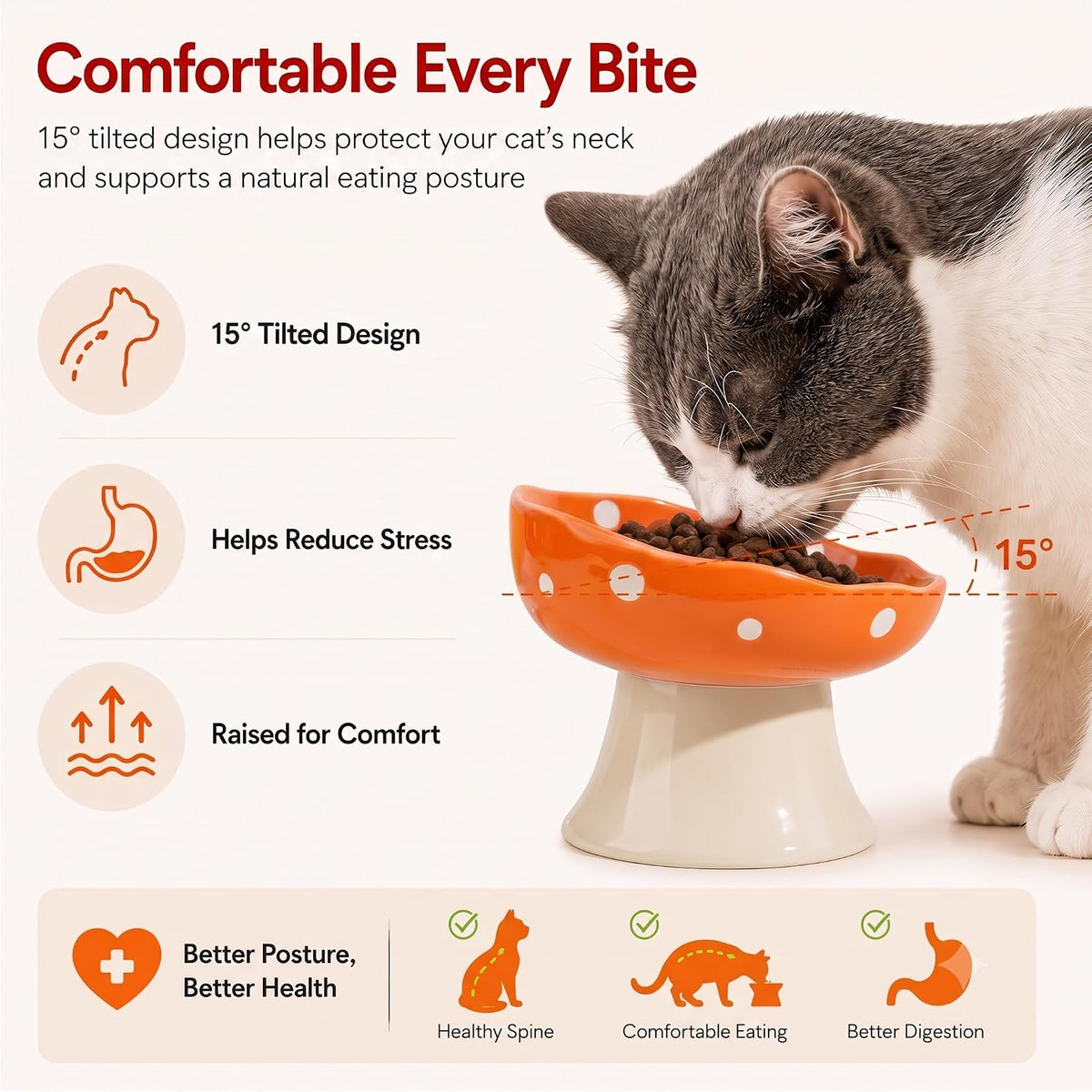 Orange Mushroom Cat Bowl, Elevated Ceramic Bowl for Cats | Elevated, Ceramic, Whisker Friendly, Anti Vomitin,Cute Mushroom Design