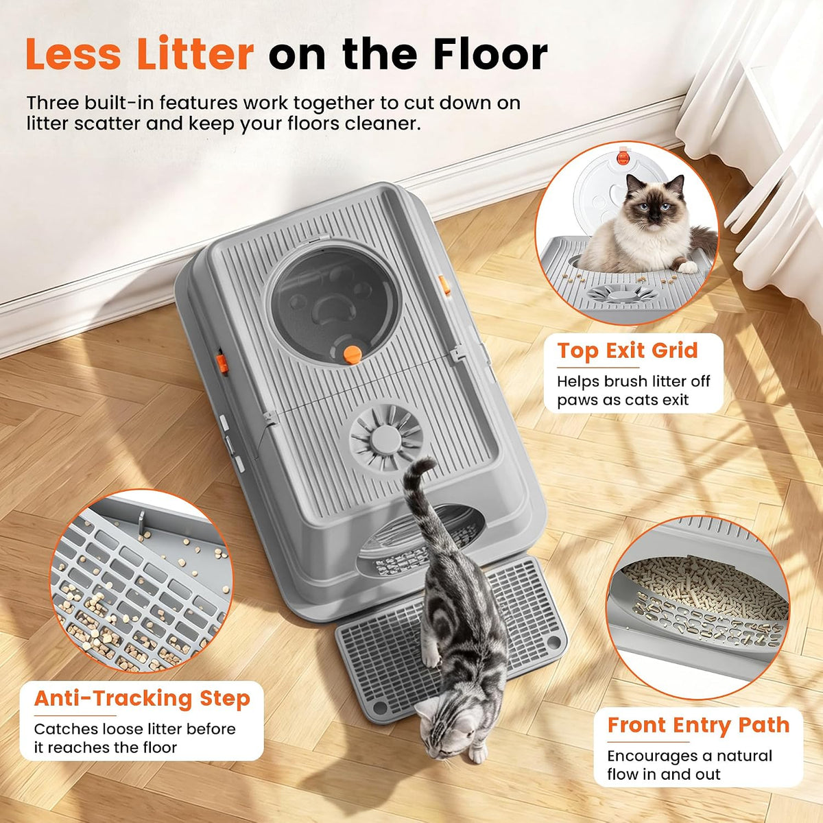 XXL Enclosed Stainless Steel Litter Box with Lid, Flip-Top, Gray