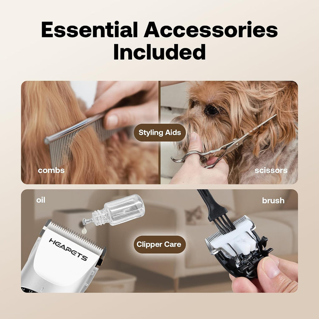 HEAPETS Dog Grooming Clippers, Low Noise, Electric Quiet, Adjustable Clipper Comb, Rechargeable Cordless Dog Hair Clippers for Dogs Cats Pets, White