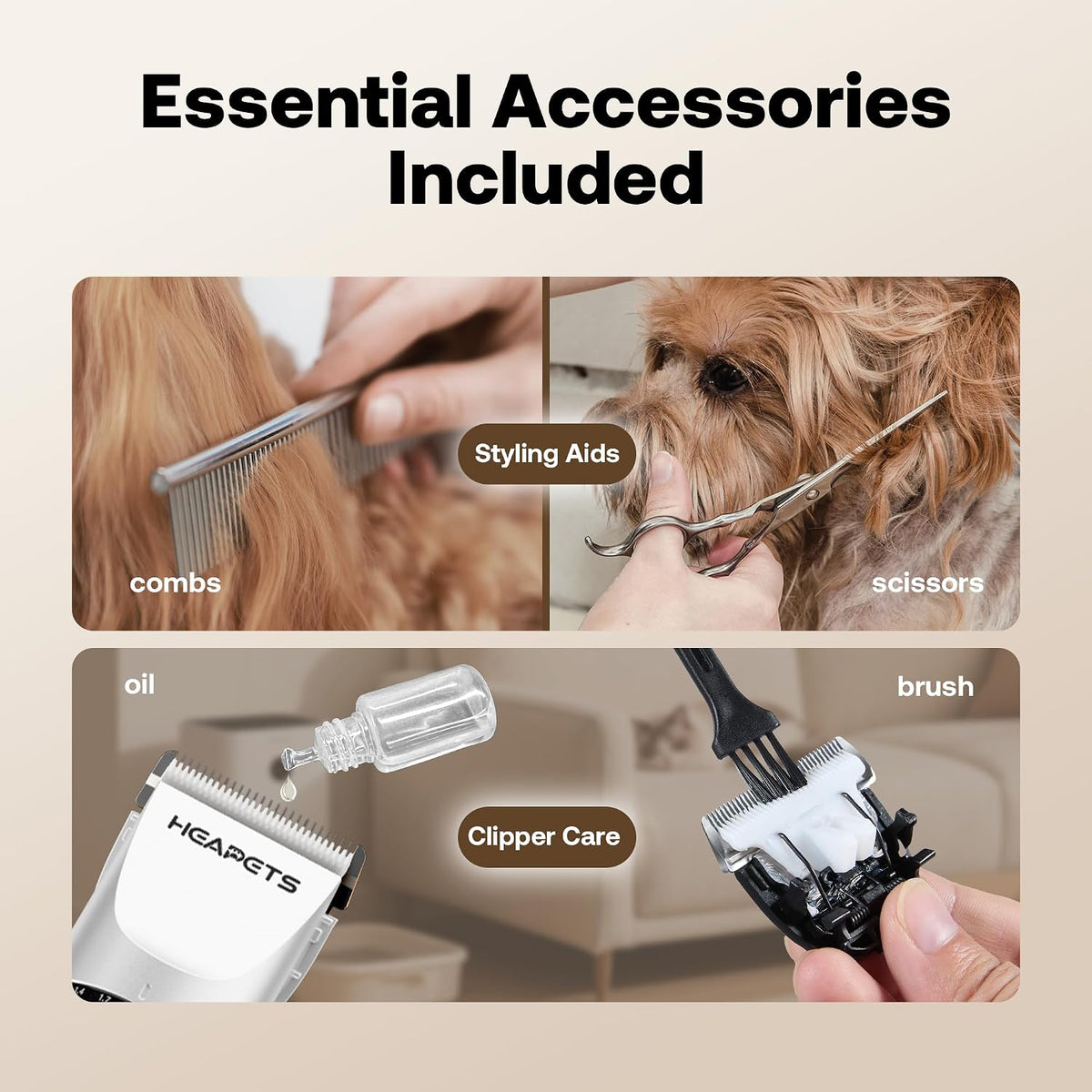 HEAPETS Dog Grooming Clippers, Low Noise, Electric Quiet, Adjustable Clipper Comb, Rechargeable Cordless Dog Hair Clippers for Dogs Cats Pets, White