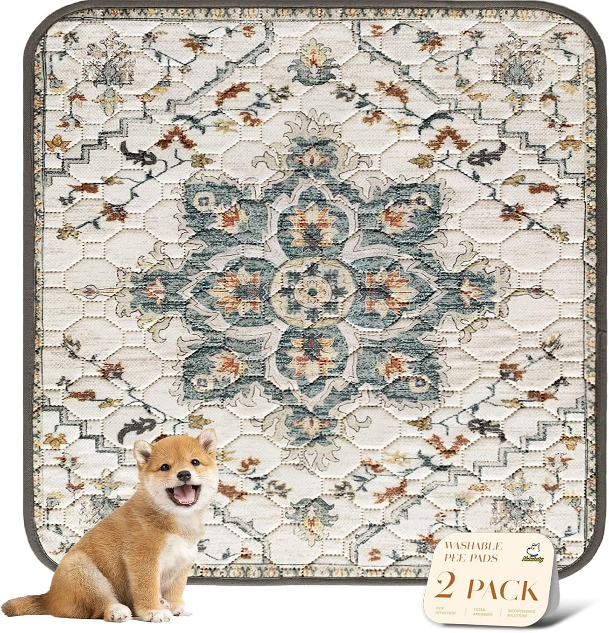 nunubaby Washable Pee Pads for Dogs, Stylish, Non-Slip and Leak-Proof Pee Pads. Reusable Potty Pads for Dogs for Crates and Floors.(Beige/Floral, 48" x48")