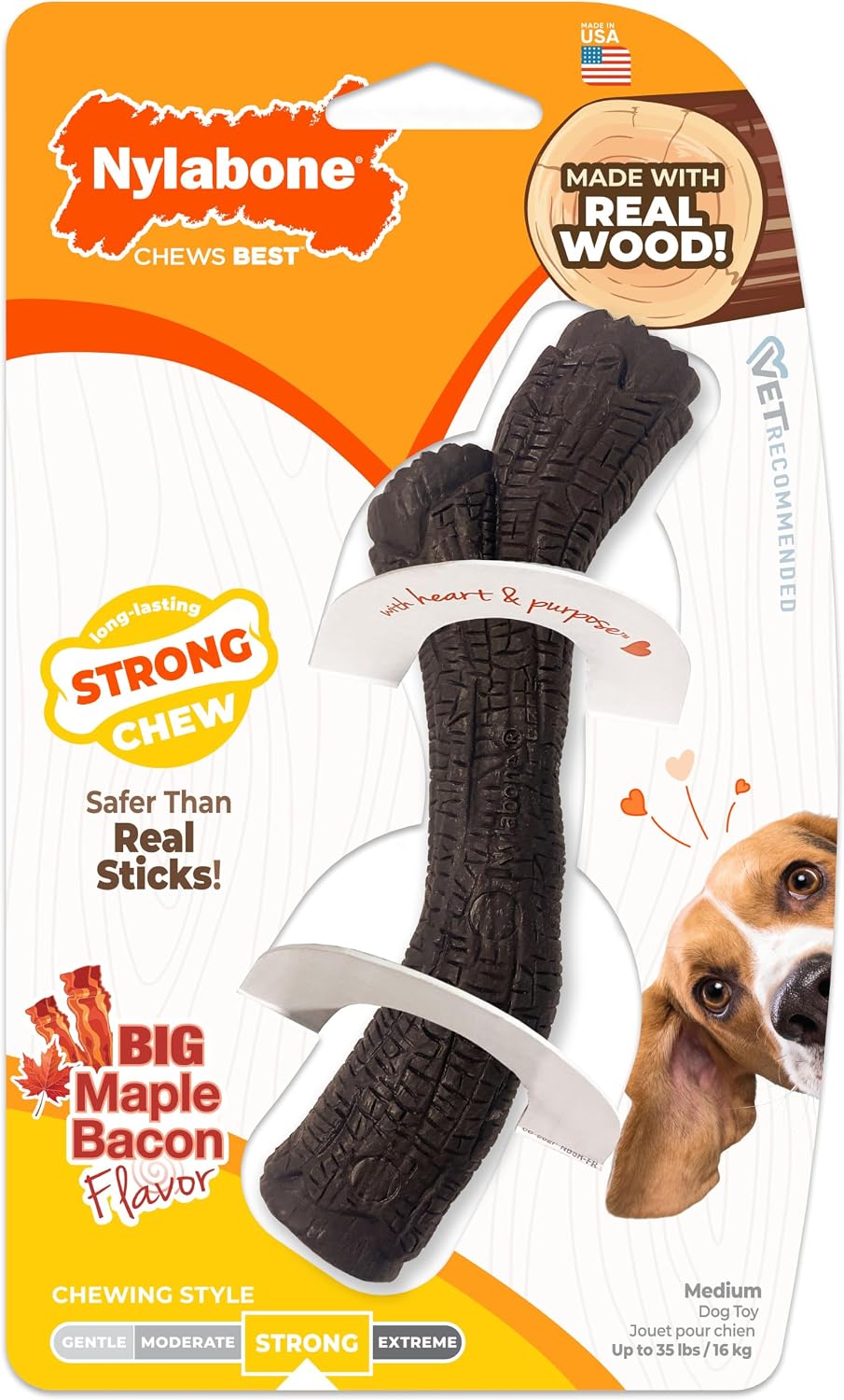 Nylabone Strong Chew Stick Made with Real Wood Dog Chew Toy, Medium | Bacon flavor, medium breeds, no splintering, durable chew toys, long lasting, helps clean teeth, medium breeds up to 35 lbs