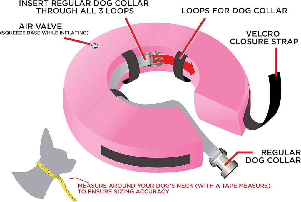 Inflatable Dog Collar, Recovery Cone, After Pet Surgery, Prevent Dogs from Biting & Scratching, Adjustable Thick Strap, Soft Comfortable Pink Donut (Medium)