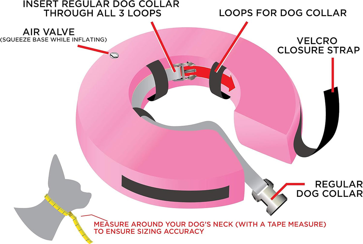 Inflatable Dog Collar, Recovery Cone, After Pet Surgery, Prevent Dogs from Biting & Scratching, Adjustable Thick Strap, Soft Comfortable Pink Donut (Medium)