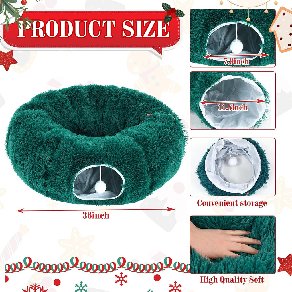 Christmas Tree Cat Tunnel 36 in Donut Bed, Green, Plush, Fluffy