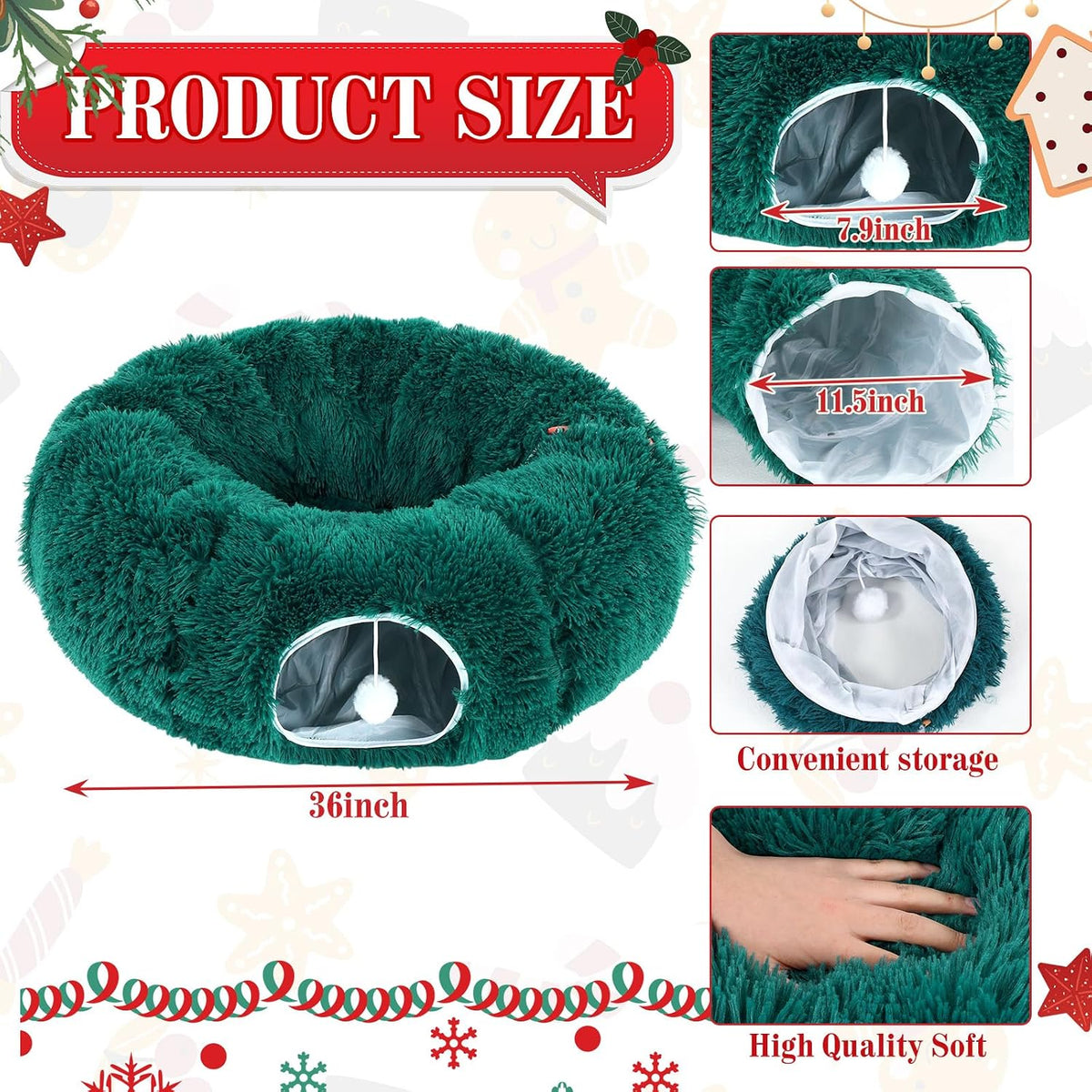 Christmas Tree Cat Tunnel 36 in Donut Bed, Green, Plush, Fluffy