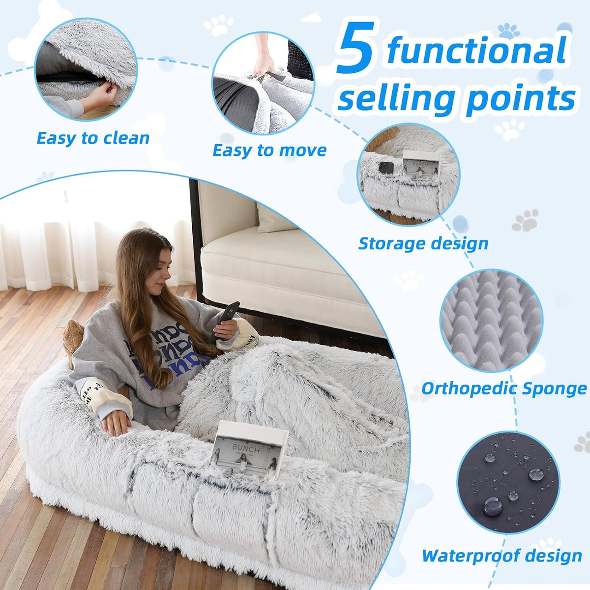 WROS Human Dog Bed for Adult, 71"x45"x12" Giant Calming Nest Beds, Grey
