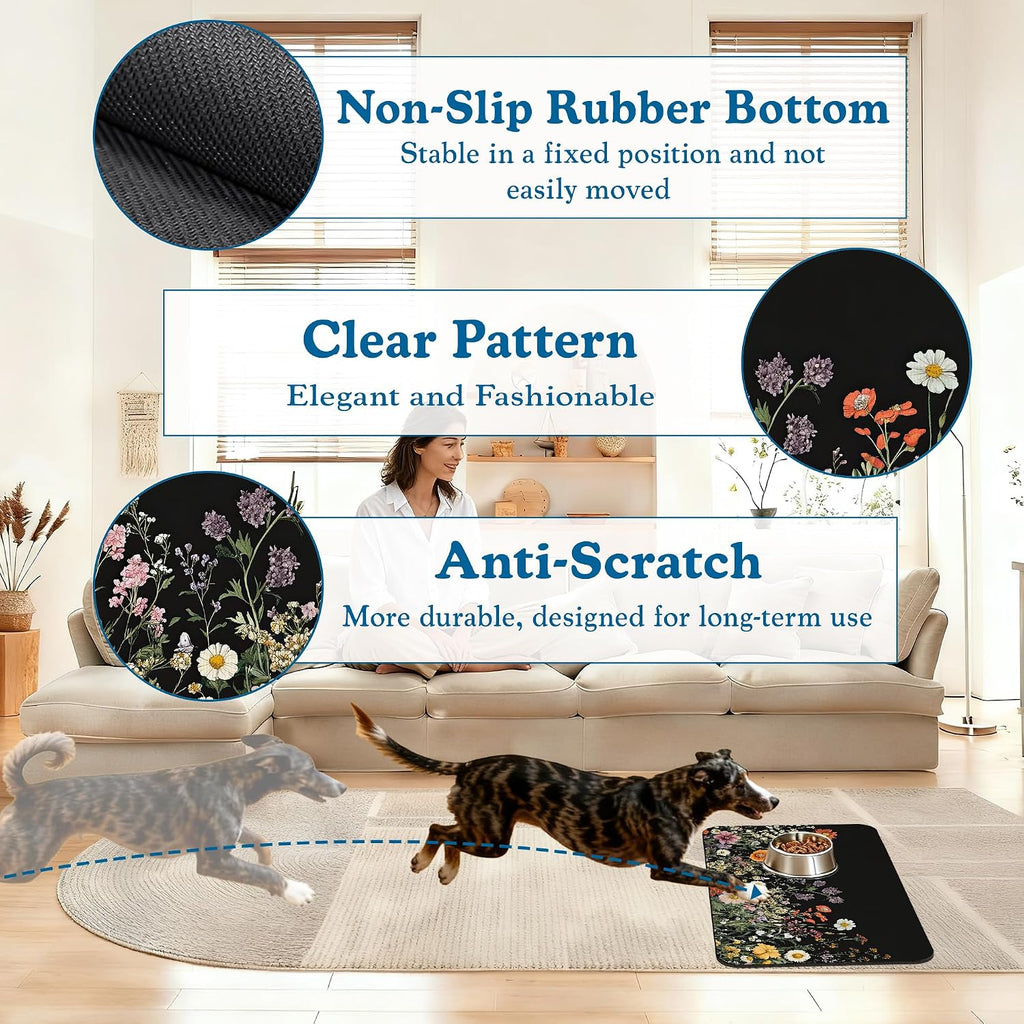 Vintage Wild Herbs Dog Cat Food Mat–Absorbent Waterproof Placemat for Food and Water Bowls, Non Slip Rubber Backing, Feeding Mat for Clean Floors 12"x20"