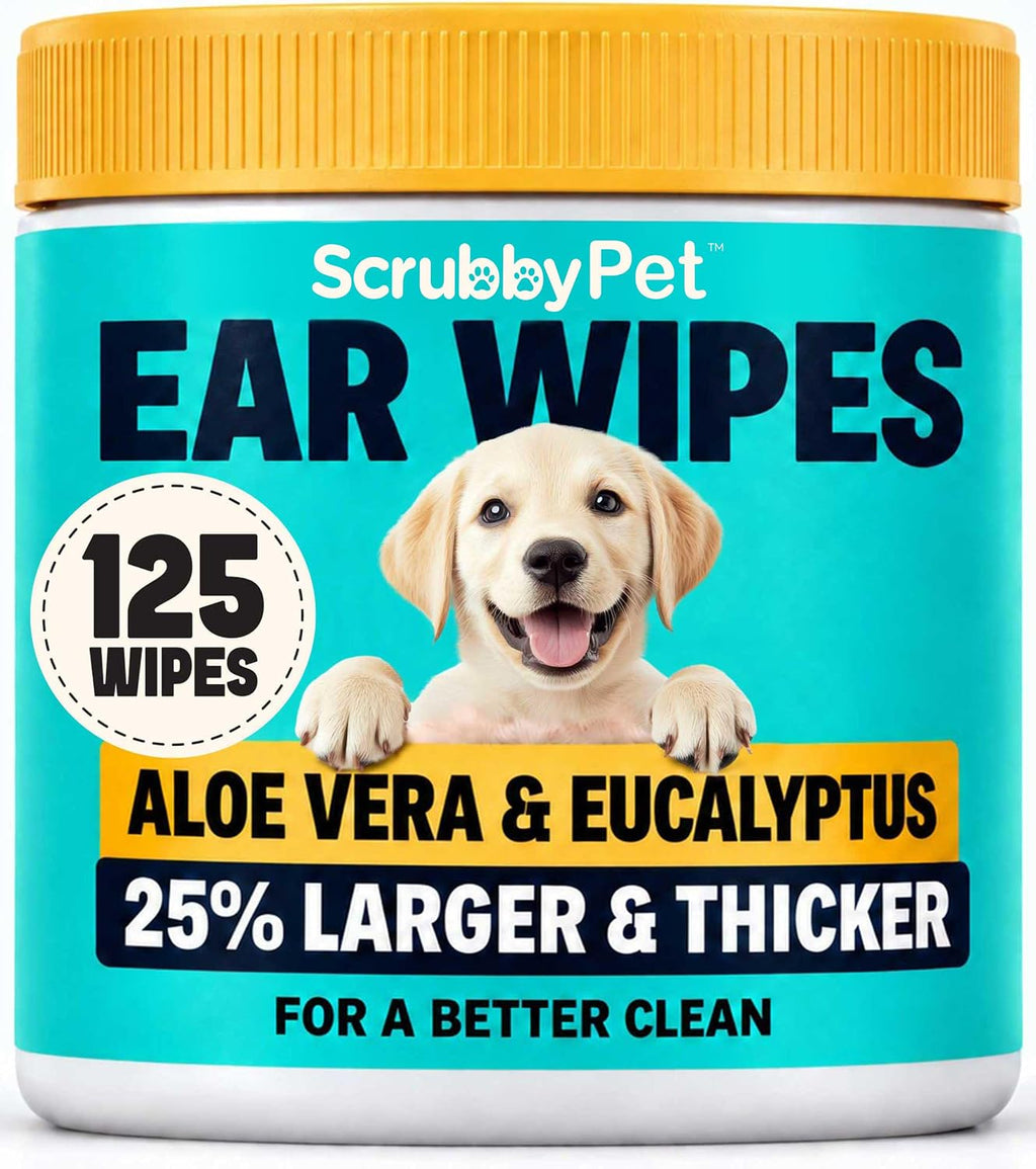 Scrubby Pet Ear Wipes for Dogs | Extra Thick with Aloe Vera & Eucalyptus | 125 Count | Hypoallergenic Ear Cleaner for Dogs with Pearl Texture for Deeper Clean