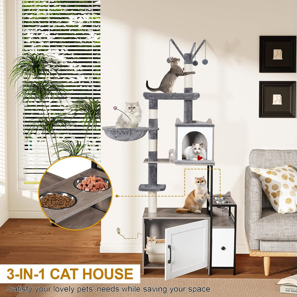 Snughome Cat Tree with Litter Box Enclosure, 3-in-1 Modern Cat Tower for Indoor Cats, 67.32’’ Hidden Cat Litter Box Furniture with Cat Condo, Food Station and Hammocks, All-in-one Cat Furniture