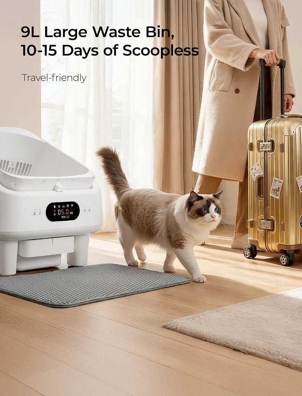 Open Top Self Cleaning Litter Box, Automatic Cat Litter Box for Multiple Large Cats with APP Control, 10 Safety Sensors, 6" LED Display, Quiet Odor Control, Trash Bags,Cat Stair, Litter Mat