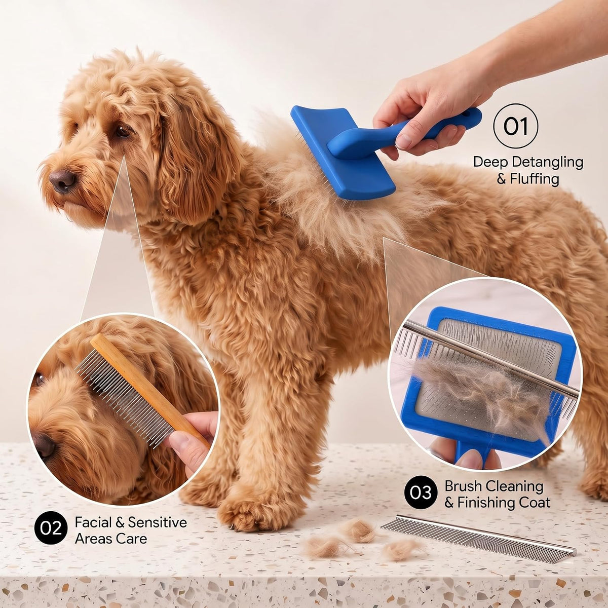 3-in-1 Long Pin Slicker Brush Set, Pet Grooming Kit, Blue