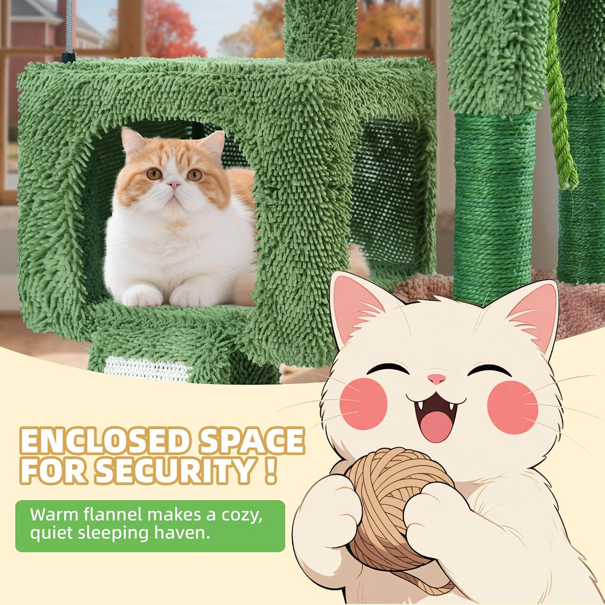TWDEPART 37.5" All-in-One Cat Tree Tower with Scratching Board & Posts Cozy Sleeping Perch Hammock and Toy Balls, Green