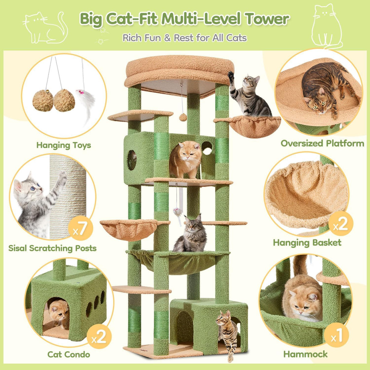 Taoqimiao 72 in Cat Tree, XXL Cat Tower for Indoor Cats Large Adult 25Lbs+