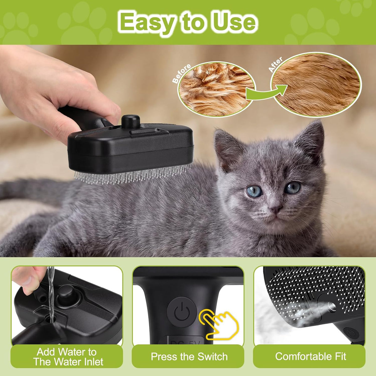Pet Steam Brush, 3-in-1 Dog & Cat Grooming Comb for Pet Hair Removal