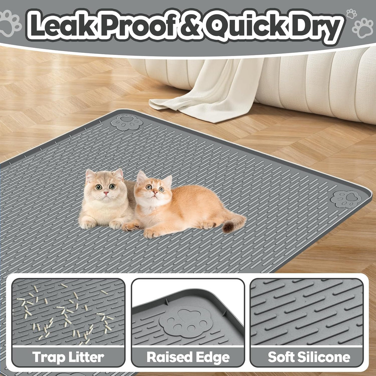 Silicone Cat Litter Mat for Litter Box 34”x22” Large Cat Mat, Dark Grey | Waterproof, Non-Slip, Leak-Proof Rug Mat with Lip, Easy to Clean, Extra Large Litter Catcher Mat for Floor